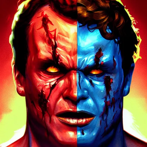 Image similar to Bright, colorful, realistic Serial killer rpg single individual headshot gore covered scream dramatic backlighting, kodachrome, high contrast, highly detailed, sharp focus, digital painting, concept art, illustration, trending on artstation, comic book by Alex Ross cover art