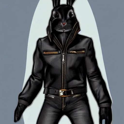 Prompt: A bunny with a small head wearing a fine intricate leather jacket and leather jeans and leather gloves, trending on FurAffinity