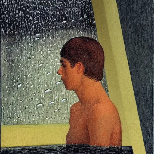 Prompt: young person looking through water wall, with clear glass, melancholic, sad, lots of raindrops, detailed, cinematic, dramatic lighting, by william zorach