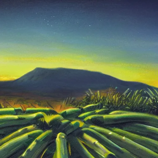 Prompt: concept art of dramatic landscape with giant asparagus at dusk