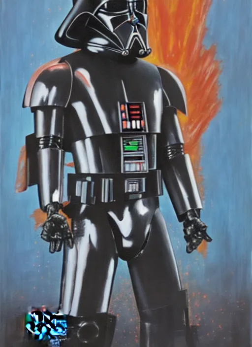 Image similar to 1 9 8 6 poster for star wars meets terminator. oil on canvas. print.