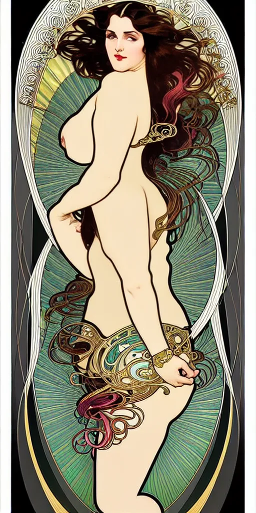 Image similar to the source of future growth dramatic, elaborate emotive Art Nouveau styles to emphasise beauty as a transcendental, seamless pattern, symmetrical, large motifs, hyper realistic, 8k image, 3D, supersharp, Flowing shiny rainbow silk cloth, Art nouveau curves and swirls, beautiful plus size model woman in style of Alphonse Mucha, glossy iridescent and black and lustrous gold colors , perfect symmetry, iridescent, High Definition, sci-fi, Octane render in Maya and Houdini, light, shadows, reflections, photorealistic, masterpiece, smooth gradients, no blur, sharp focus, photorealistic, insanely detailed and intricate, cinematic lighting, Octane render, epic scene, 8K