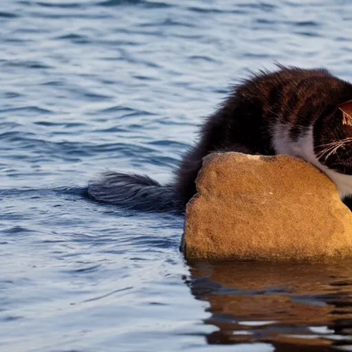 Prompt: extremely fat cat emerging from ocean,