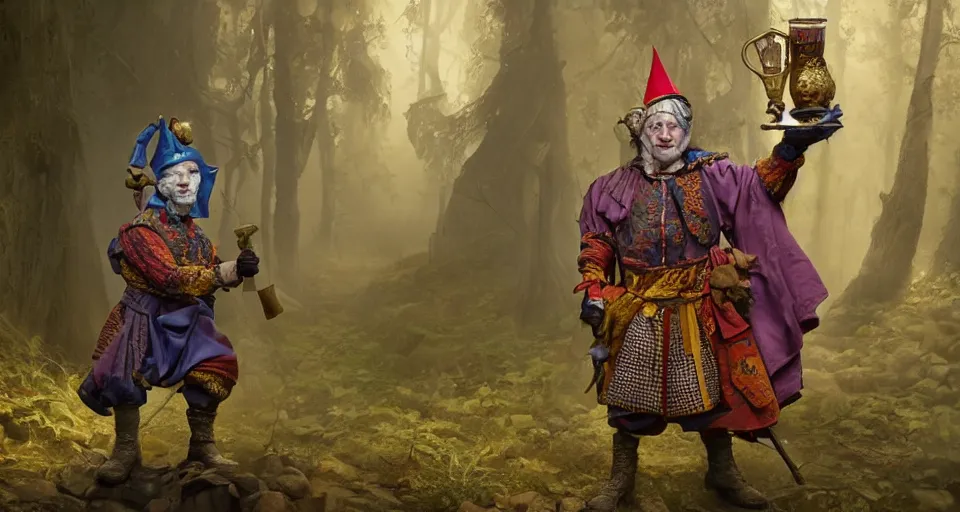 Image similar to robert de niro as medieval jester, crazy colorful clothing with a heavy golden mace in his left hand and a beer jug in his right hand, full body shot and detailled face, symmetrical face, intricate details, wandering through a forbidden forest, trending on artstation, 8k hyperrealistic, style of peter mohrbacher, octane render, unreal engine