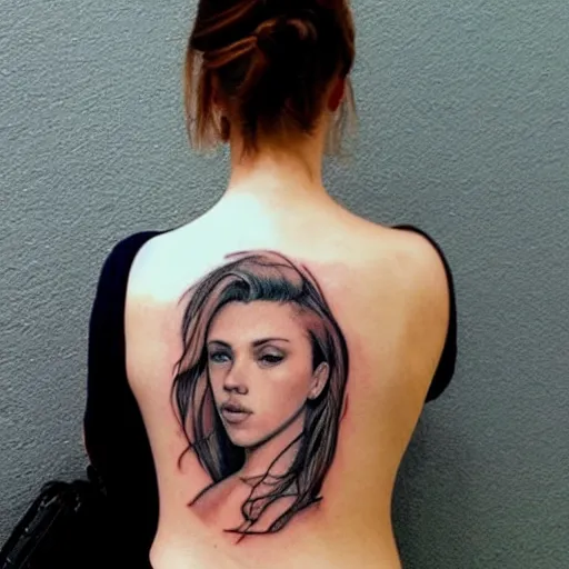 Prompt: tattoo of Scarlett Johansson, sketched by Loish, back tattoo