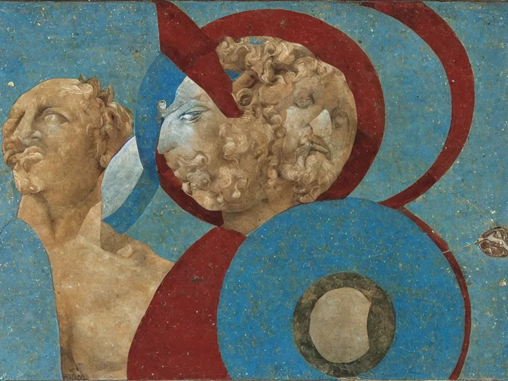 Image similar to marble greek sculpture of saturn devouring his sun with inlaid mineral eyes. lapis - lazuli, turquoise, malachite, cinnabar, earth brown. painting by piero della francesca, balthus, agnes pelton