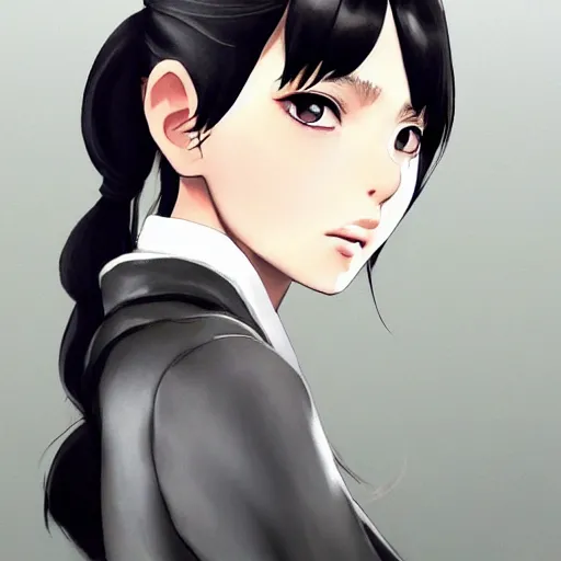 Prompt: luxury advertisement, astonishing portrait of a very beautiful anime high-school girl with black hair ponytail, white ribbon, full perfect face, realistic, highly detailed background, artstation, 120 degree view, drawn by Sasoura, Satchely and Akihiko Yoshida, no distortion