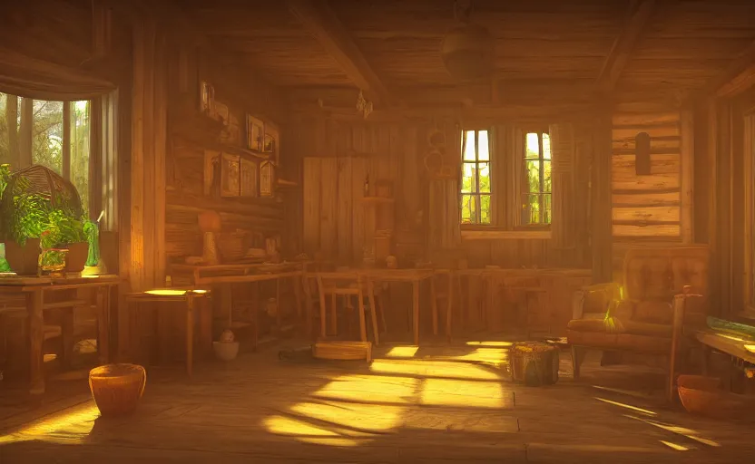 Prompt: interior view of an herbalist cottage, waxy candles, wood furnishings, light bloom, dust, ambient occlusion, rays of light coming through windows, trending on artstation