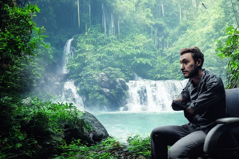 Image similar to movie closeup young man with a grey beard in a cyberpunk suit sitting on a futuristic chair at the edge of a jungle waterfall by emmanuel lubezki