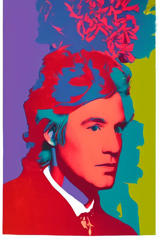 Prompt: colorful portrait of andy warhol, bloom flowers, modern, eclectic, illustration, studio lighting, matte background, by ramon casas