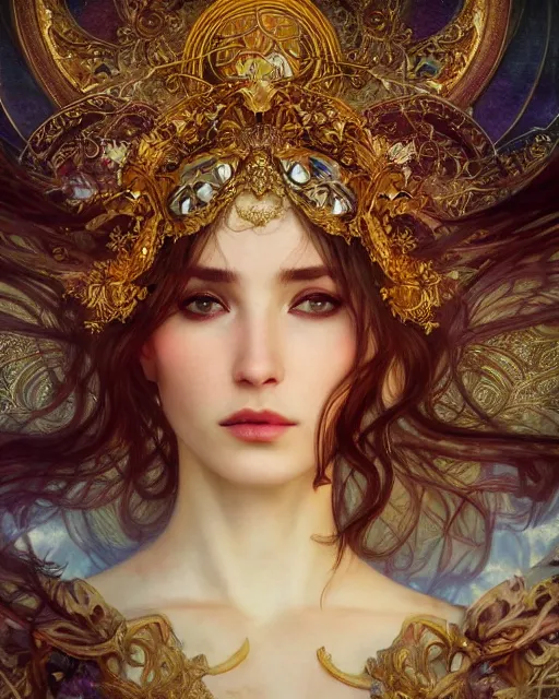 Image similar to a beautiful close up portrait of a sorceress floating on air with elegant looks, flowing robe, ornate and flowing, intricate and soft by ruan jia, tom bagshaw, alphonse mucha, wlop, beautiful roman architectural ruins in the background, epic sky, vray render, artstation, deviantart, pinterest, 5 0 0 px models