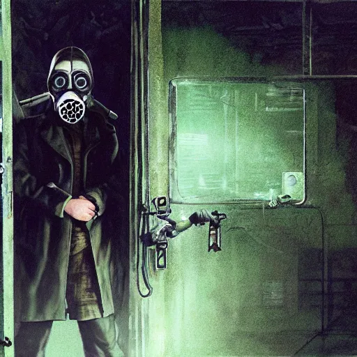Prompt: UHD hyperrealistic photorealistic detailed image of a man in a longcoat, wearing a full-face gasmask, brandishing a knife, inspired by the Stalker video game series standing in front of an laboratory door, in a ruined and dark underground lab with a green undertone by Ayami Kojima Amano Karol Bak, Greg Hildebrandt and Mark Brooks