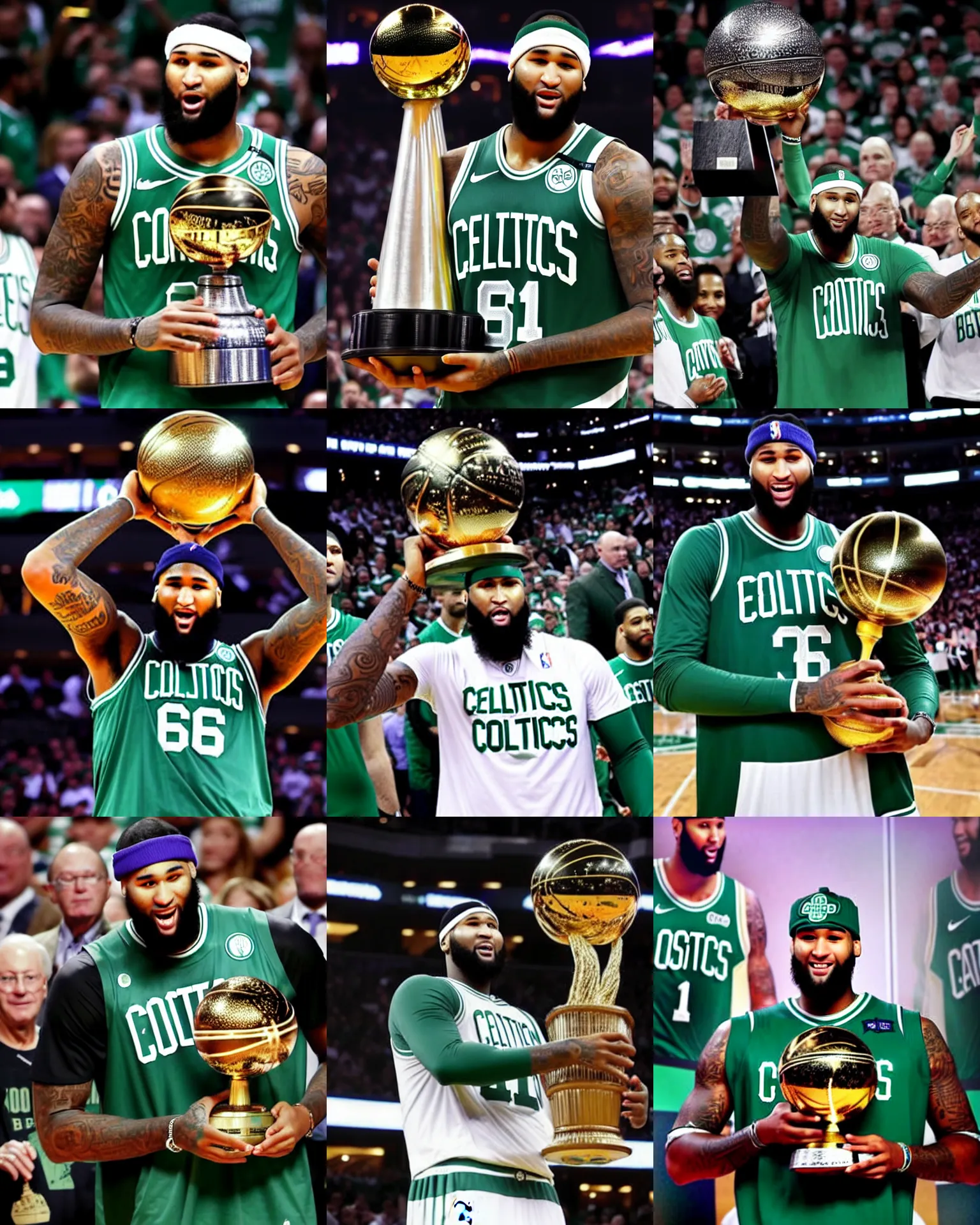 Prompt: photograph of demarcus cousins in boston celtics jersey, holding the larry o'brien trophy, photo curtosy of the associated press, champion, inspiring