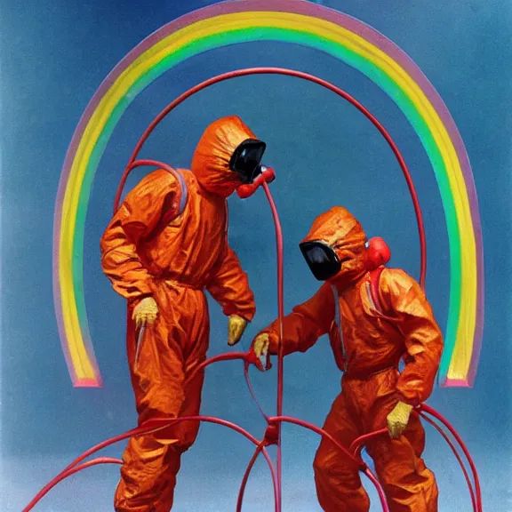 Prompt: two scientists wearing red hazmat suits with metal buttons and wires entering geometric rainbow crystal gateway by frank frazetta