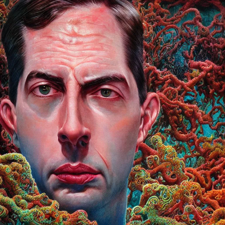 Prompt: Hyperrealistic intensely colored close up studio Photograph portrait of deep sea bioluminescent Senator Tom Cotton, symmetrical face realistic proportions eye contact tentacles, Weeping in a coral reef underwater, award-winning portrait oil painting by Norman Rockwell and Zdzisław Beksiński vivid colors high contrast hyperrealism 8k