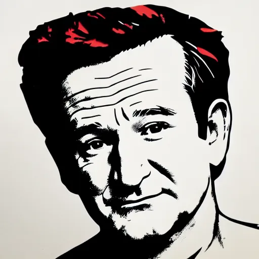 Image similar to silkscreen and lithography to create robin williams in the style of andy warhol