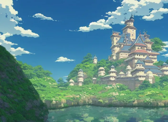 Image similar to A castle built into the sky from spirited away, wide shot, peaceful and serene, incredible perspective, anime scenery by Makoto Shinkai and studio ghibli, very detailed