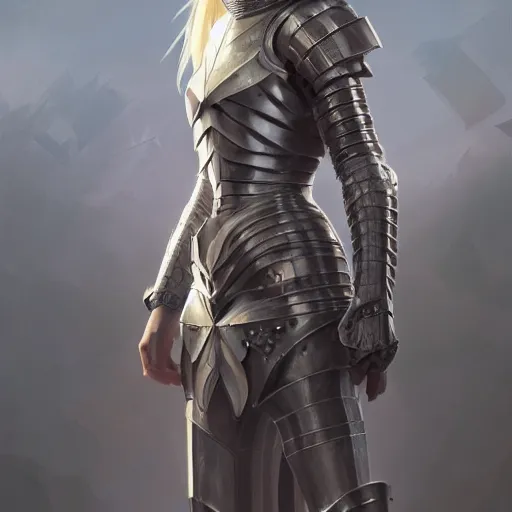 Image similar to full body portrait of a blonde female wearing knight armor, an ultrafine hyperdetailed illustration by tooth wu and wlop and beeple and greg rutkowski, trending on artstation, highly detailed, 4 k, 8 k