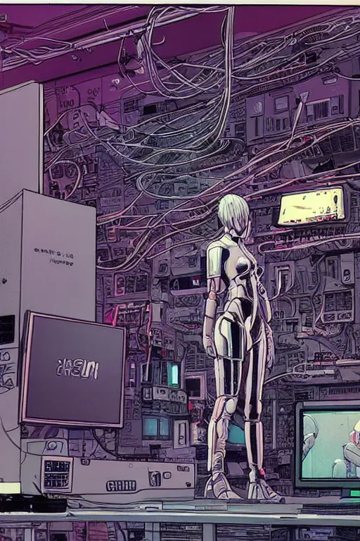 Prompt: a comic illustration of an android connected to a computer console by wires, the console is tall and imposing, there are many cables on the floor, futuristic, ghost in the shell, cyberpunk, neon colors, art by Moebius
