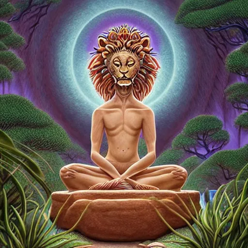 Image similar to an anthromorphic lion meditating in a zen garden with a waterfall under the blood moon, by Adi granov and afarin sajedi and amanda sage and evgeni gordiets and Agostino Arrivabene and adonna khare in a psychedelic portrait style, ultrarealistic matte painting, volumetric lighting, fractal, extremely symmetrical, highly detailed face, orisha, 8k, hd