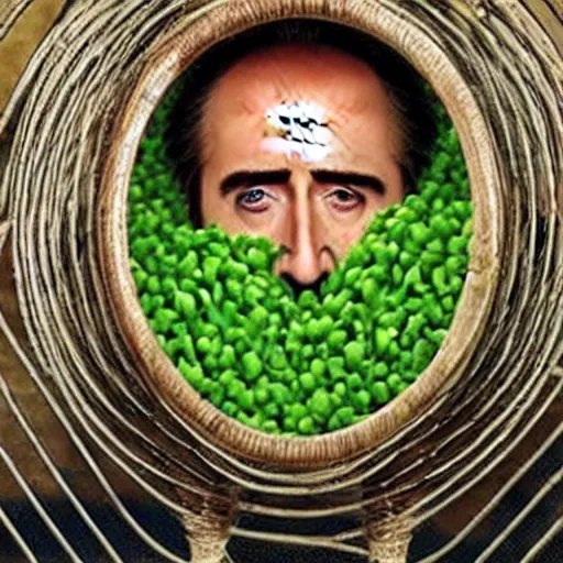 Prompt: nicolas cage trapped in a wicker cage being covered in peas, screaming