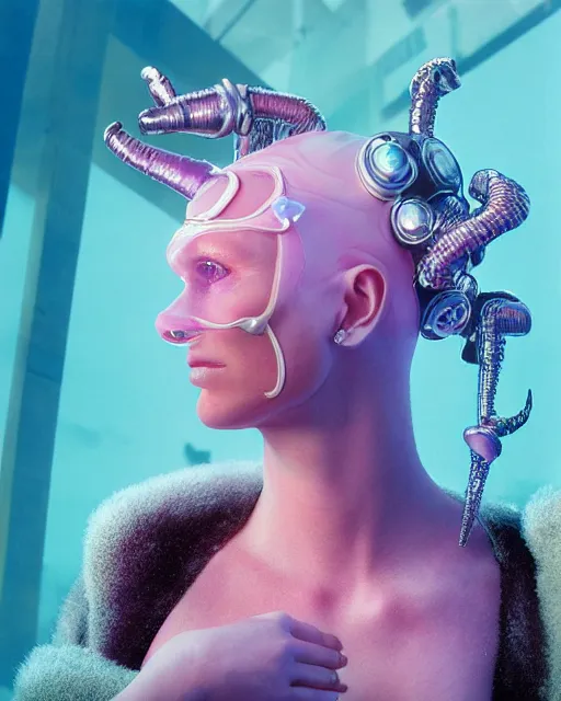 Prompt: natural light, soft focus portrait of a cyberpunk anthropomorphic orca with soft synthetic pink skin, blue bioluminescent plastics, smooth shiny metal, elaborate ornate head piece, piercings, skin textures, by annie leibovitz, paul lehr