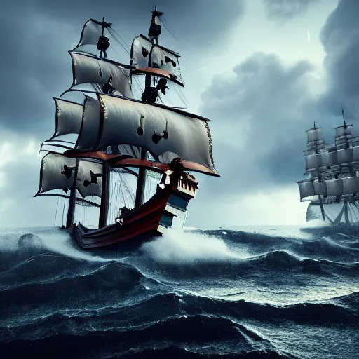 Prompt: pirate ships on a stormy sea and a tornado,highly detailed, 4k, HDR, award-winning, artstation, octane render