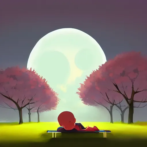 Image similar to Man sleeping under a sakura tree during a full moon by goro fujita, digital art