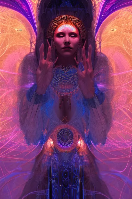 Image similar to a centered render of a wise and mystical goddess shaman summons the souls of ancestors past and is surrounded by ethereal lights and fractal geometry, cinematic, beautifully lit, perfect face, by artgerm, by beeple, by karol bak, by donato giancola, 3 d, trending on artstation, octane render, 8 k