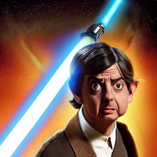 Image similar to mr beans as a jedi master holding a lightsaber, star wars, photo, realistic detail