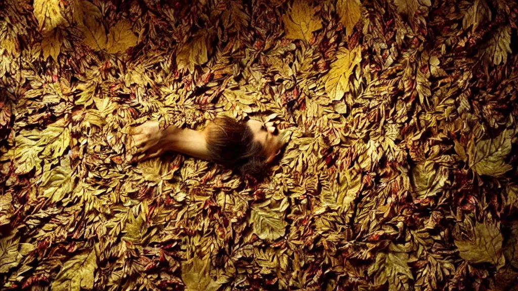 Prompt: the strange creature on the ceiling, made of and leaves and wax, film still from the movie directed by Denis Villeneuve with art direction by Salvador Dalí, wide lens