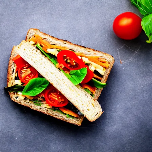 Prompt: sandwich of led lights with tofu, tomato and cheddar, studio photo, amazing light