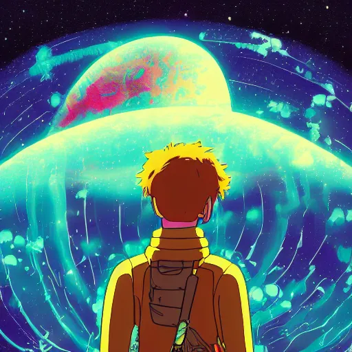 Image similar to a futuristic wanderer gazing into a universe full of mystical colorful light nebulae and galaxies, studio ghibli color scheme, in the style of caspar laurie greasley