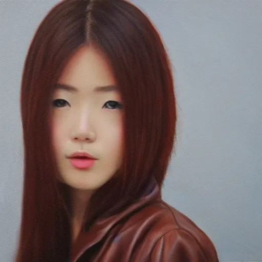 Image similar to perfect, realistic oil painting of close-up japanese young woman wearing leather jacket