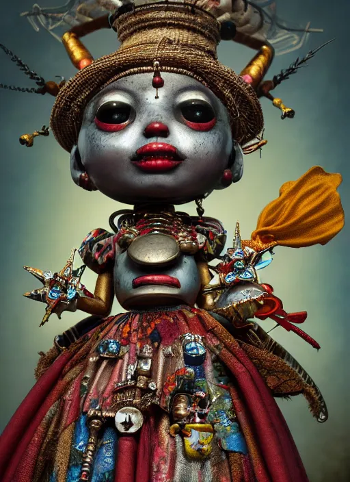 Image similar to highly detailed closeup, portrait of a tin toy voodoo priestess, unreal engine, nicoletta ceccoli, mark ryden, earl norem, lostfish, global illumination, detailed and intricate environment