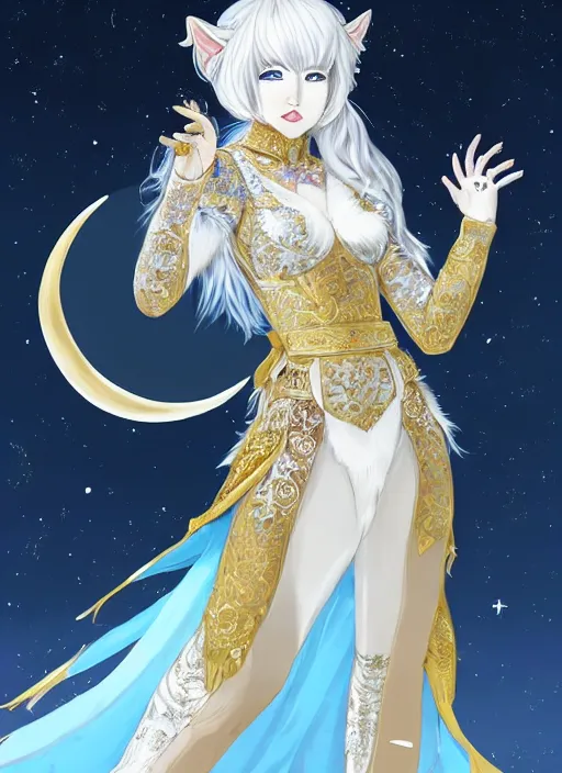 Image similar to commissioned full body portrait of a female anthro werewolf princess fursona with white hair wearing a white and gold Chinese armored dress in a white and gold palace on a starry night with a large crescent moon, by a professional manga illustrator, Stanley Artgerm Lau, WLOP, Rossdraws, James Jean, Andrei Riabovitchev, Marc Simonetti, and Sakimichan, trending on artstation