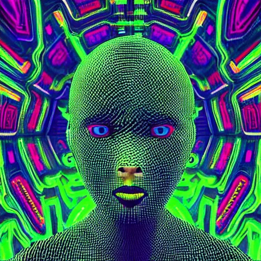 Image similar to “A picture of a woman, enter the void dmt lsd matrix techno alien cyberpunk psychedelic”