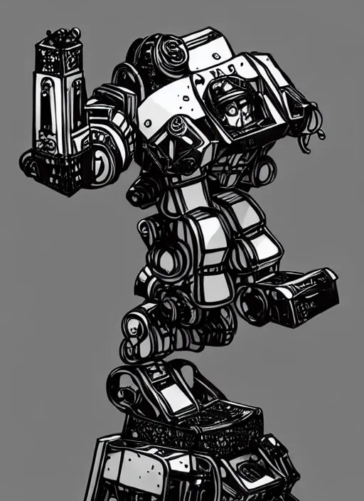 Image similar to dwarf fighter sitting in chair robot mech, exquisite details, black beard, white background, by studio muti