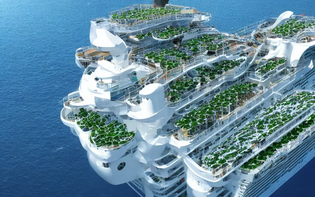 Prompt: cruise ship with a vertical farm, in the ocean, hightechnology