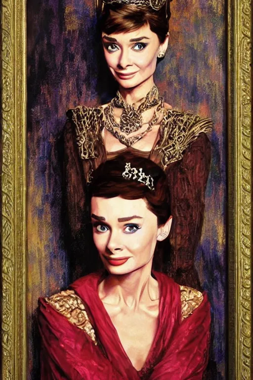 Prompt: oil painting Audrey Hepburn as Cersei Lannister in Game of Thrones by James Gurney, Thomas Kinkade, Ralph Horsley vivid color