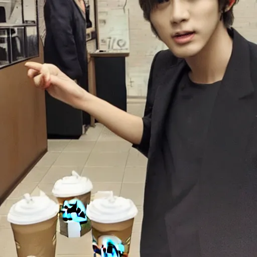 Prompt: V Kim Taehyung from BTS getting Starbucks, photorealistic, highly detailed,