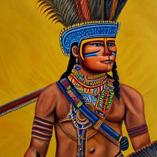 Image similar to detailed painting of a mayan warrior with a crossbow detail intricate exquisite colorful