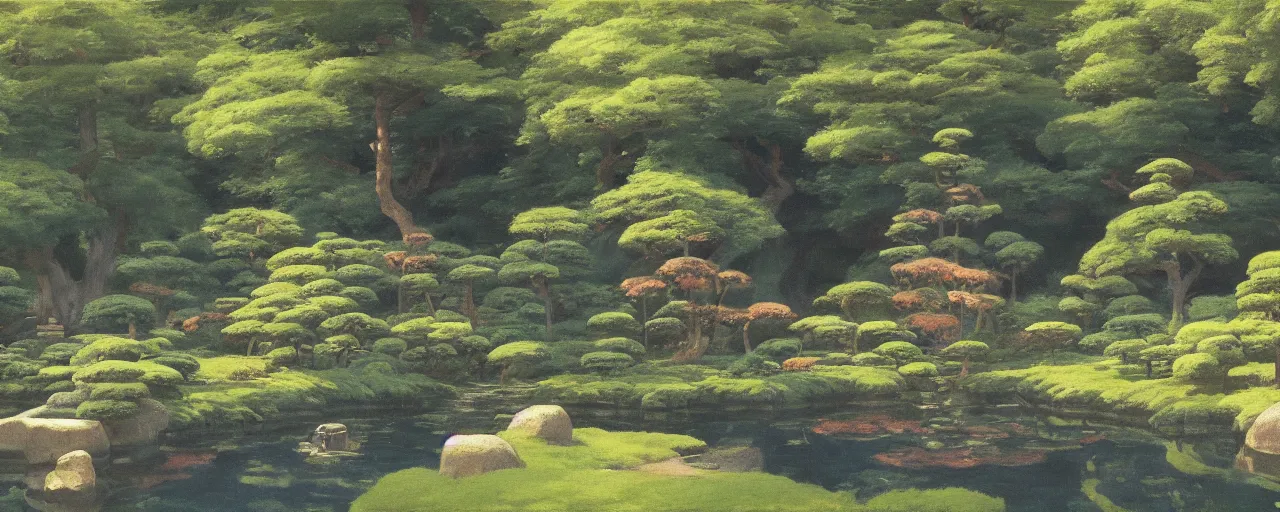 Prompt: ghibli illustrated background of a japanese zen garden by eugene von guerard, ivan shishkin, john singer sargent, 4 k