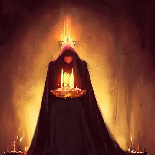 Image similar to “a beautiful girl wearing a black robe performing a satanic ritual by Greg Rutkowski, dark fantasy, realism, trending on Artstation”