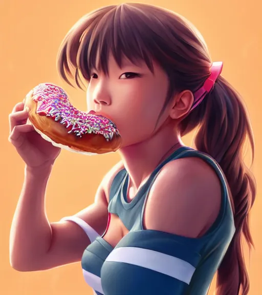 Prompt: ! dream aoi asahina, a tan skinned athletic japanese girl, eats a donut happily, art by stanley lau, artgerm, rossdraws, ross tran, sakimichan, cyarine, beautiful art