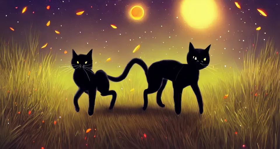 Image similar to black cat walking around in an open field at night with fireflies in the air and lots of stars in the sky, digital art, magical, trending on artstation