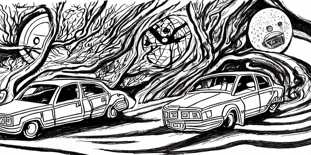 Prompt: traditional drawn colorful animation a car with solo man with sad face to valley symmetrical architecture on the ground, space station planet afar, planet surface, ground, tree, outer worlds extraterrestrial hyper contrast well drawn Metal Hurlant Pilote and Pif in Jean Henri Gaston Giraud animation film The Masters of Time FANTASTIC PLANET La planète sauvage animation by René Laloux