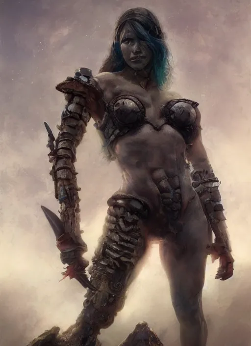 Image similar to hyper realistic photography of prehistoric barbarian cyborg android girl, full body, rule of thirds, conceptart, saturated colors, pretty body, cinematic, vallejo, frazetta, greg rutkowski, royo, rowena morrill, juan gimenez