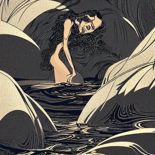 Image similar to gold and silver tones, siren on the rocks, style of moebius, james jean, rutkowski, mcbess, cinematic, high detail, award winning, 8 k photorealistic