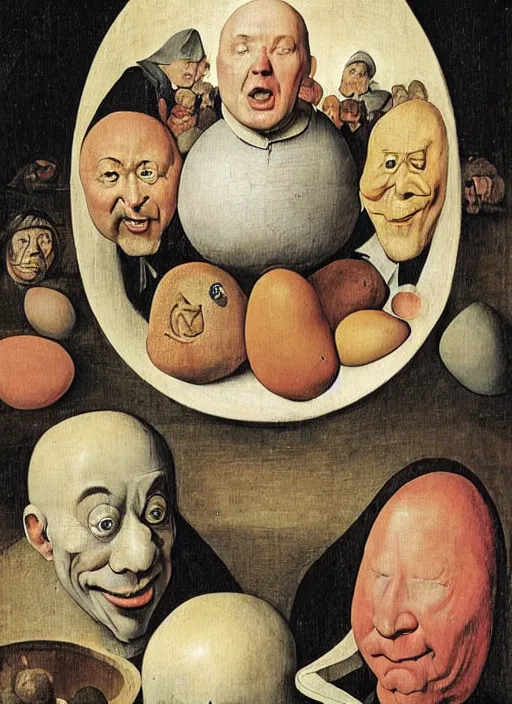 Image similar to carton of gregs'eggs with silly round humpty dumpty jack black facial expressions, realistic, by hieronymus bosch and pieter brueghel